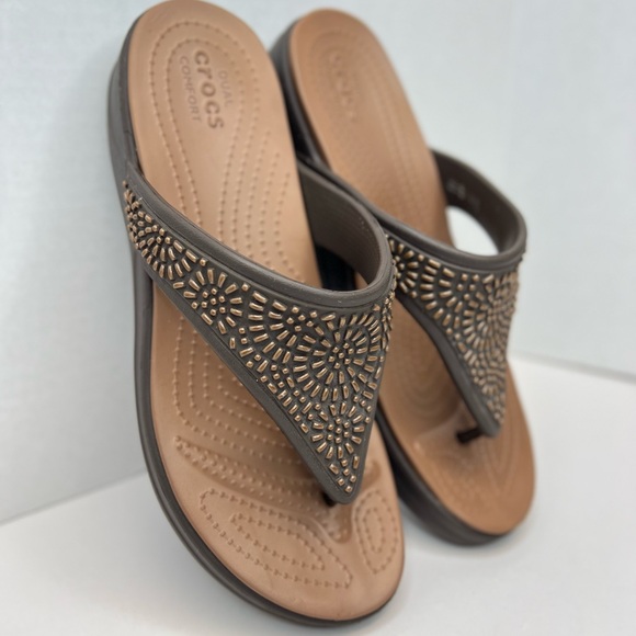 Crocs Monterey Diamante Wedges Womens Sz 11 Espresso/Bronze LKNW Condition - Picture 6 of 13